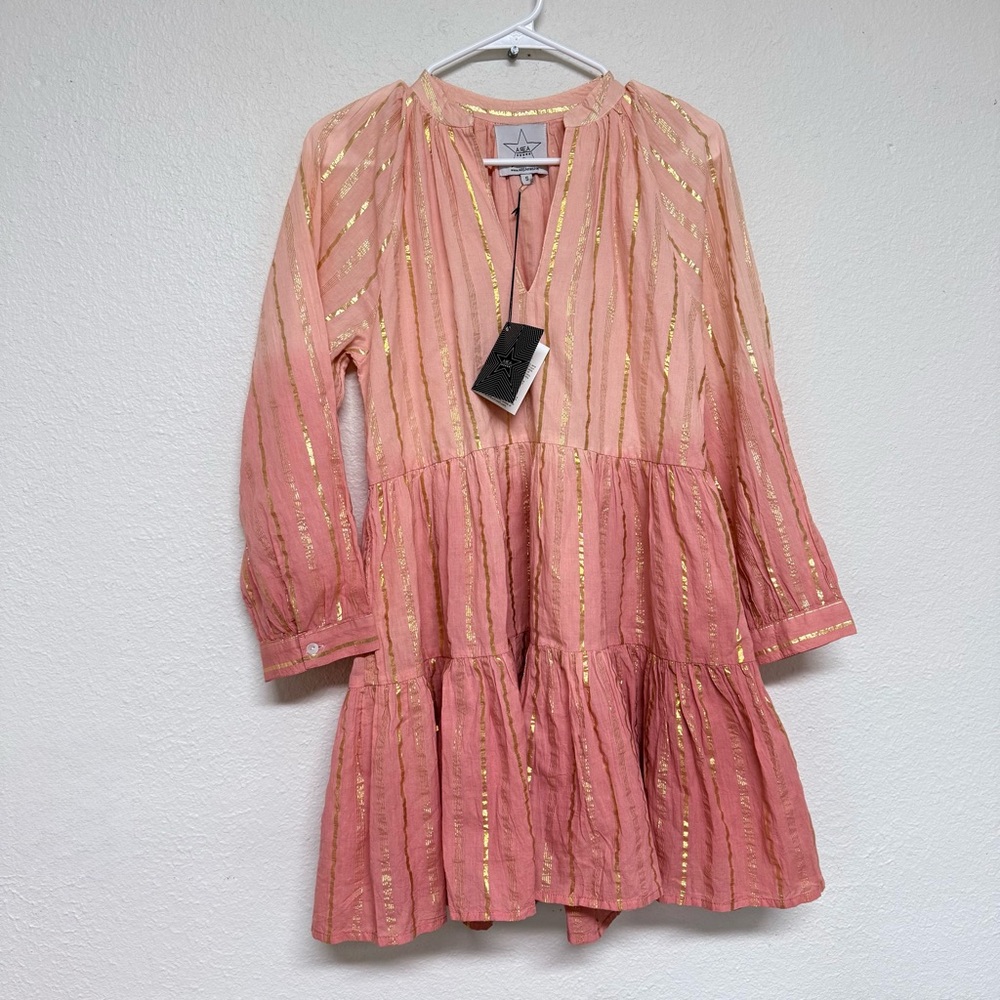 AREA Stars NEW St. Tropez Gold Striped Ombre Long Sleeve Popover Dress Small